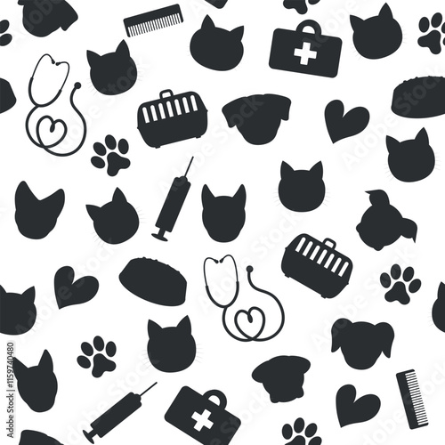 Silhouette Pattern of Pets and Veterinary Items - Dogs and Cats Heads, Food, Medicine bag, Carrying Box, Syringe, Stethoscope, Footprints and more. Seamless Link. photo