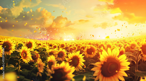 A music festival in a sunflower field, with vibrant colors from the stage lights mixing with the golden yellow of the flowers, creating an ethereal atmosphere. 