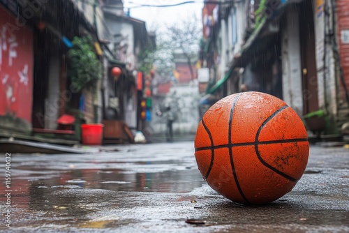 Orange basketball with hoop in background on street court photo photo