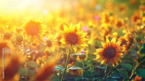 A music festival in a sunflower field, with vibrant colors from the stage lights mixing with the golden yellow of the flowers, creating an ethereal atmosphere.  