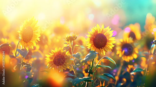 A music festival in a sunflower field, with vibrant colors from the stage lights mixing with the golden yellow of the flowers, creating an ethereal atmosphere.  