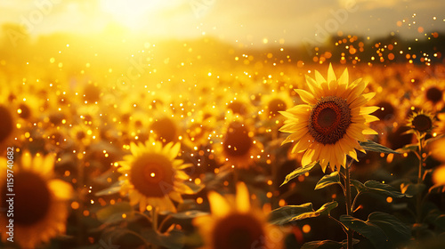 A music festival in a sunflower field, with vibrant colors from the stage lights mixing with the golden yellow of the flowers, creating an ethereal atmosphere.  