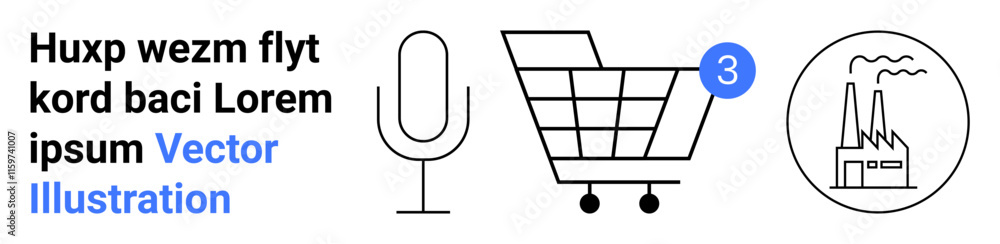 Microphone, shopping cart with a notification icon, and factory outline. Ideal for industry, economy, shopping, e-commerce, notifications, technology, minimalistic designs. Landing page Microphone, shopping cart with a notification icon, and factory outline. Ideal for industry, economy, shopping, e-commerce, notifications, technology, minimalistic designs. Landing page