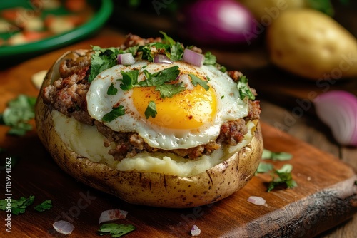 Papa Rellena a Peruvian stuffed potato dish with meat and egg served with onions on a wooden platter photo