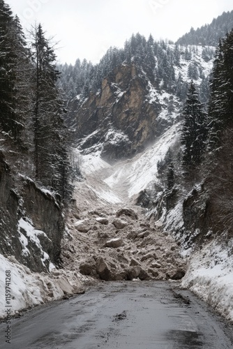 Cascading rocks and snow block road as avalanches create isolation and disruption in mountainous region and emphasize the delicate balance of nature