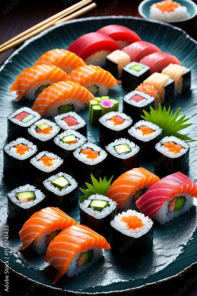 Assorted sushi assortment on dark slate, displaying vibrant salmon, tuna, and cucumber rolls. Ideal for food photography, restaurant menus, and culinary blogs, capturing deliciousness and elegance. Assorted sushi assortment on dark slate, displaying vibrant salmon, tuna, and cucumber rolls. Ideal for food photography, restaurant menus, and culinary blogs, capturing deliciousness and elegance.