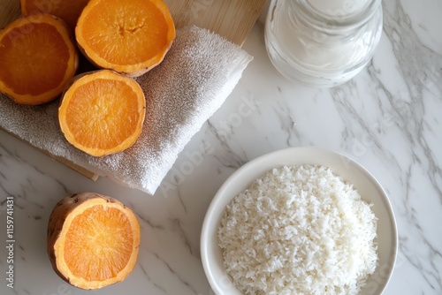 Peanut stew with chicken and sweet potatoes served with basmati rice photo