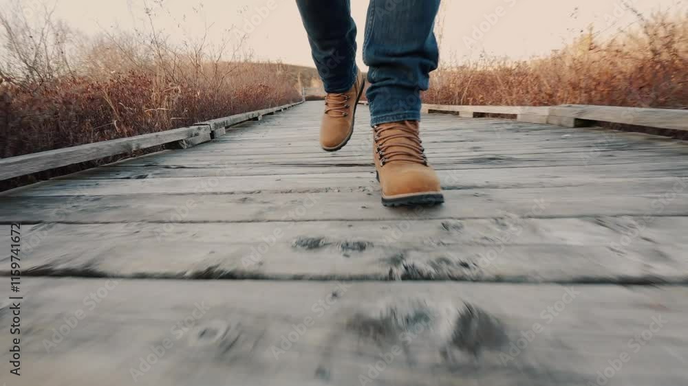 Hiking Boots Crossing A Wooden Suspension Bridge Above A Wild Mountain Lake. This Epic Adventure Captures The Feel Of Nature Beauty While Walking On A Scenic Trail.