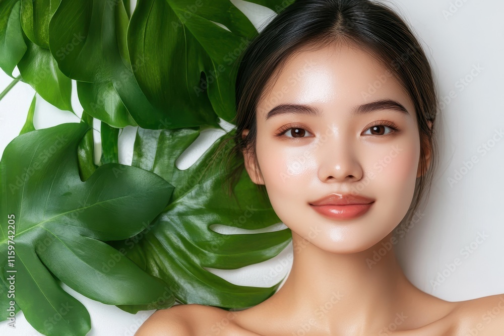 Portrait of a young Asian woman with clear skin focused on skincare and beauty Portrait of a young Asian woman with clear skin focused on skincare and beauty