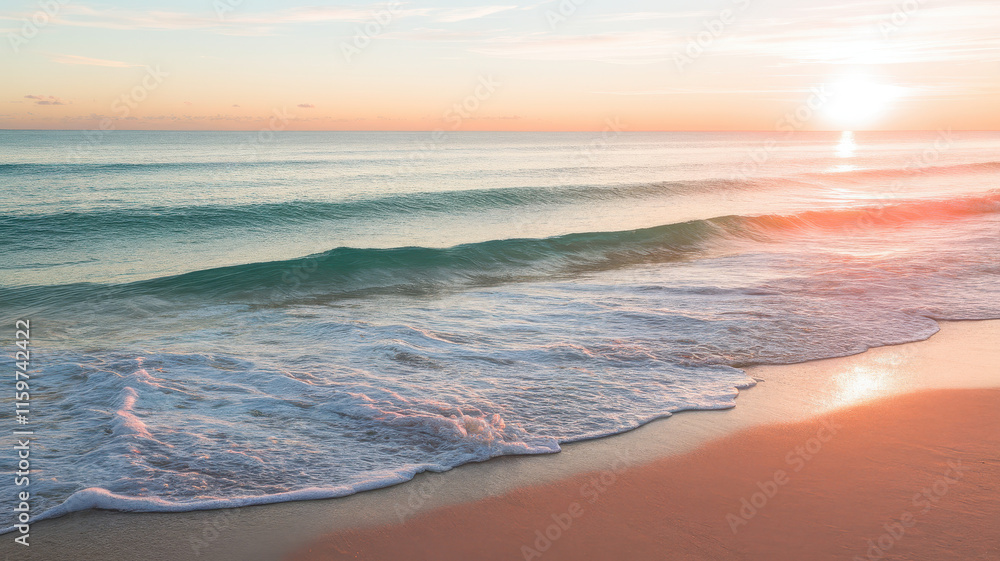 A serene sunset over a calm ocean, with gentle waves lapping at a sandy beach, creating a tranquil and scenic atmosphere. A serene sunset over a calm ocean, with gentle waves lapping at a sandy beach, creating a tranquil and scenic atmosphere.