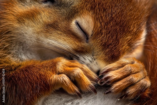 Detailed closeup of red squirrel grooming in soft light photo