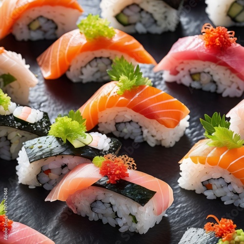 Assorted sushi assortment on dark slate, displaying vibrant salmon, tuna, and cucumber rolls. Ideal for food photography, restaurant menus, and culinary blogs, capturing deliciousness and elegance.