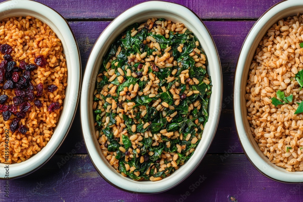 Purple wooden surface topped with serving platters of red rice spinach dried cherries and onion soup style farro viewed from above Purple wooden surface topped with serving platters of red rice spinach dried cherries and onion soup style farro viewed from above