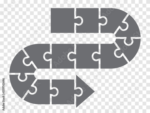 Simple icon puzzle in gray.  Simple icon puzzle of the fourteen elements on transparent background. Arrow puzzle. Flat design. Vector illustration EPS10.