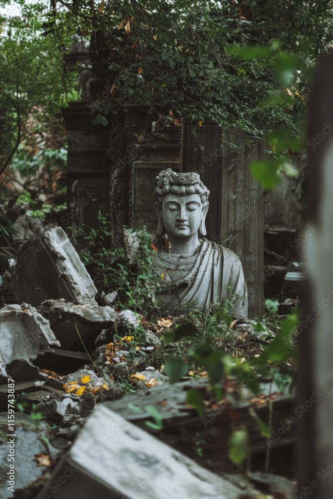 Exploration of fallen statues in a forgotten landscape highlighting the themes of cultural loss and environmental decay Exploration of fallen statues in a forgotten landscape highlighting the themes of cultural loss and environmental decay
