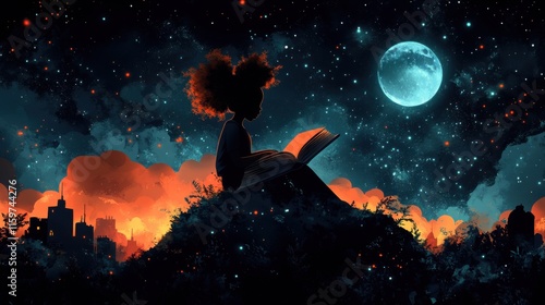 Young girl reading a book under a starry sky with a bright moon, showcasing imagination and wonder amidst a colorful city skyline at night