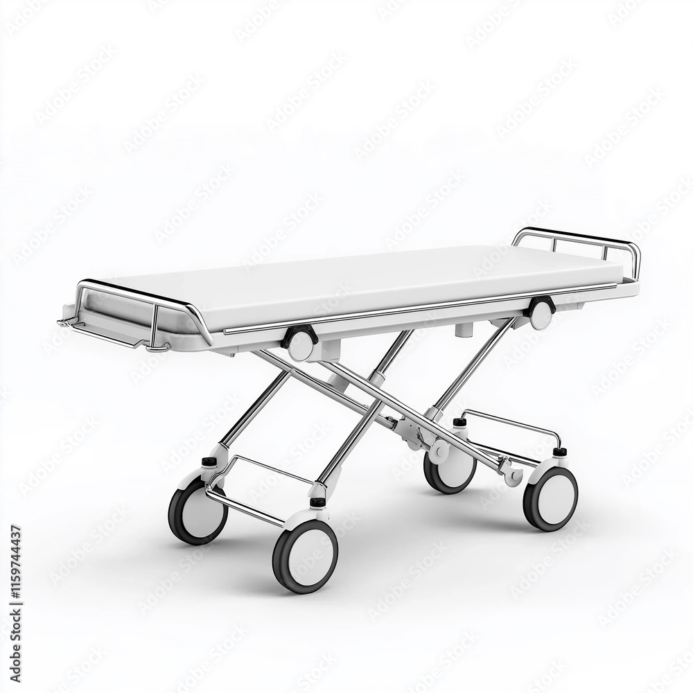 Empty modern hospital gurney on wheels standing on white background Empty modern hospital gurney on wheels standing on white background