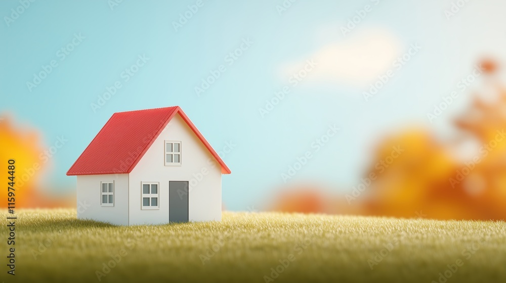 Modern House Model on Autumn Landscape with Red Roof on Sunny Day, Real Estate Concept, Photorealistic 3D Rendering of Miniature Home in Green Field with Blue Sky and White Clouds Modern House Model on Autumn Landscape with Red Roof on Sunny Day, Real Estate Concept, Photorealistic 3D Rendering of Miniature Home in Green Field with Blue Sky and White Clouds