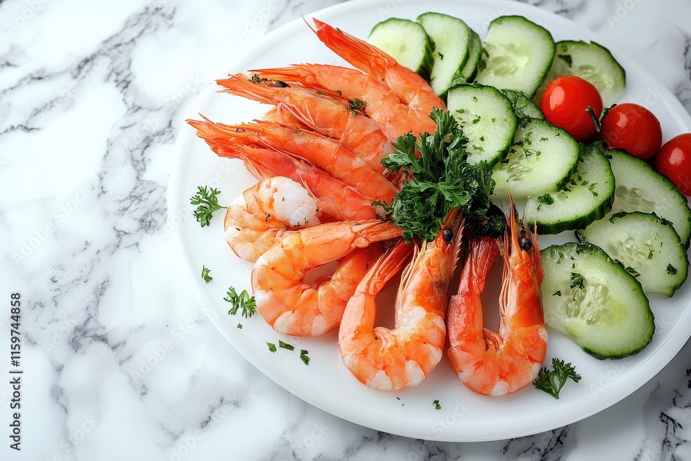 Seafood salad featuring shrimp prawns avocado and cucumber on white marble Vegetable shrimp salad Healthy eating idea Seafood salad featuring shrimp prawns avocado and cucumber on white marble Vegetable shrimp salad Healthy eating idea