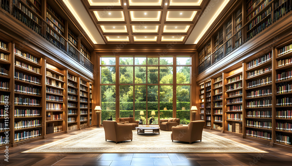 Luxurious home library with grand wooden bookshelves, a large window overlooking a verdant garden, and comfortable seating. Luxurious home library with grand wooden bookshelves, a large window overlooking a verdant garden, and comfortable seating.