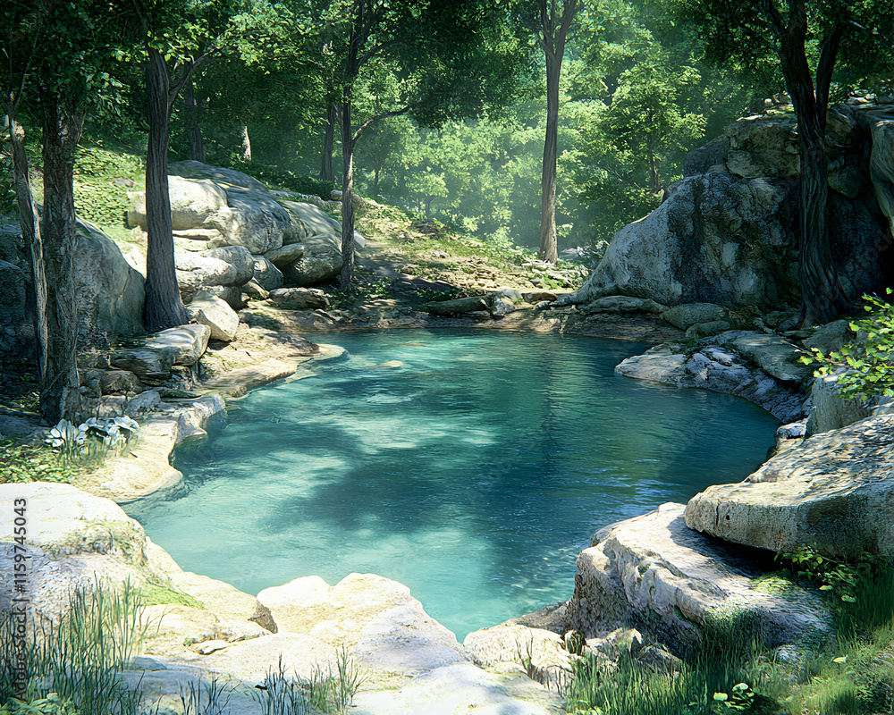 Naklejka premium Serene secluded forest pool, sunlit turquoise water surrounded by lush greenery and rocks. Ideal for relaxation, nature, tranquility themes.
