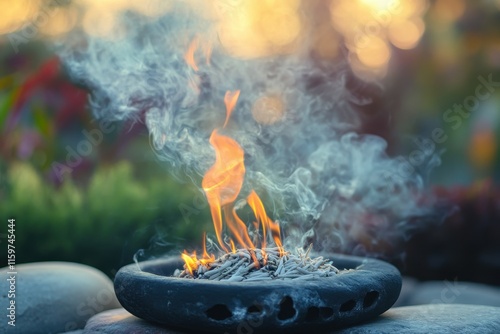 Side view image of white sage incense burning in a shell with a woman s foot and a mandala tattoo in the background photo