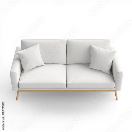 Modern white sofa with wooden legs and pillows on white background