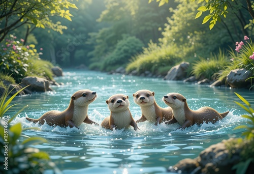 Four playful otters frolic in a tranquil river