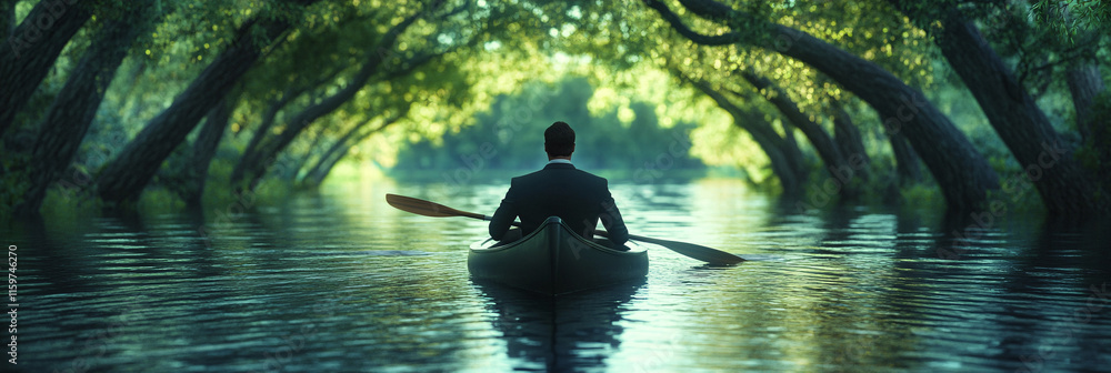 Obraz premium A professional in a suit drifting down a lazy river in a canoe, with trees arching overhead, symbolizing the calming flow of time and the need to relax from daily pressure. 
