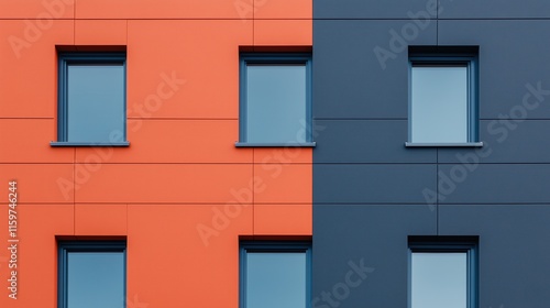 Modern Building Facade with Geometric Pattern in Orange and Blue Contrasting Walls Focus on Rectangular Windows and Minimalist Design photo