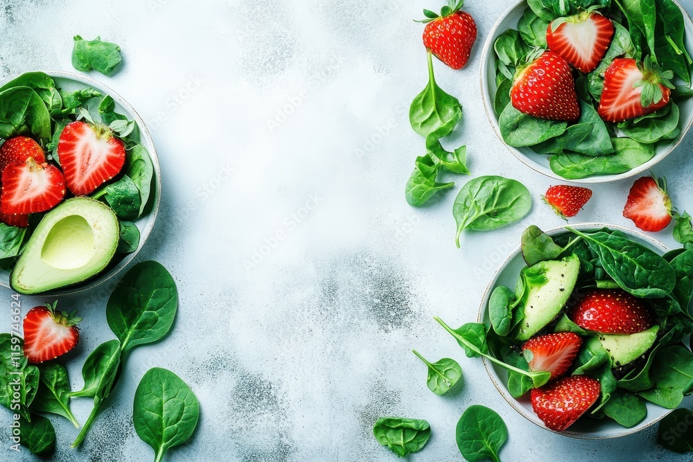 Strawberry avocado and spinach salad for summer on a white table Strawberry avocado and spinach salad for summer on a white table