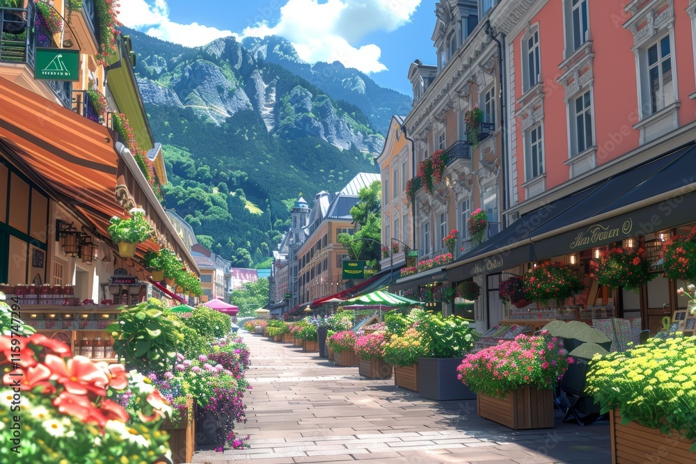 Obraz premium Colorful street lined with flower pots and shops in a picturesque mountain village on a sunny day