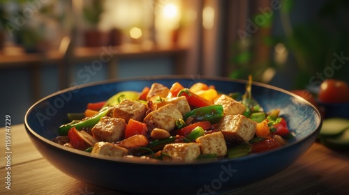 Delicious tofu stir-fry in a blue bowl on a wooden table.