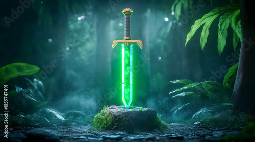 A mystical sword embedded in a stone surrounded by lush greenery in a magical forest setting with glowing elements photo