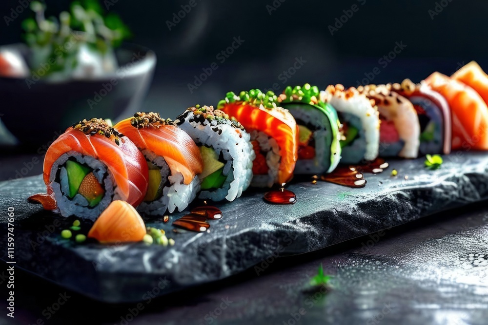 Beautifully arranged sushi selection with fresh fish, vibrant vegetables, and rice. Perfect for showcasing Japanese cuisine, appealing to food enthusiasts and culinary professionals alike. Beautifully arranged sushi selection with fresh fish, vibrant vegetables, and rice. Perfect for showcasing Japanese cuisine, appealing to food enthusiasts and culinary professionals alike.