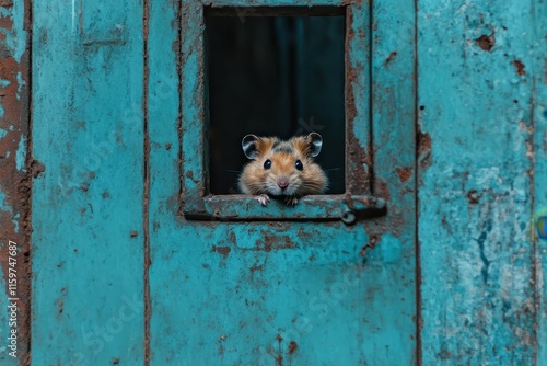 Syrian golden hamster emerges from enclosure photo