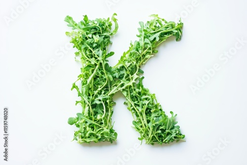The letter K is formed from fresh green arugula sprouts against a white backdrop