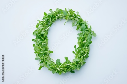 The letter O is formed by fresh green arugula sprouts on a white backdrop