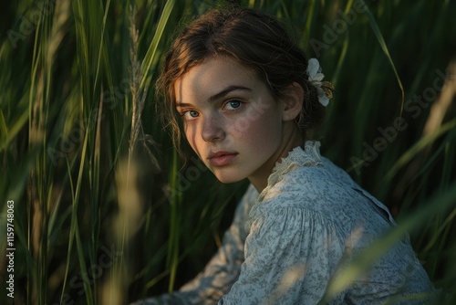 Thoughtful white woman in high grass photo