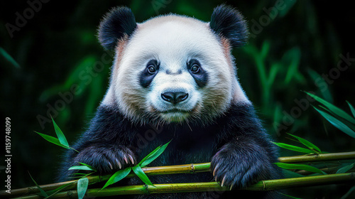Adorable giant panda curiously gazes while holding fresh bamboo against a lush green background in its natural habitat