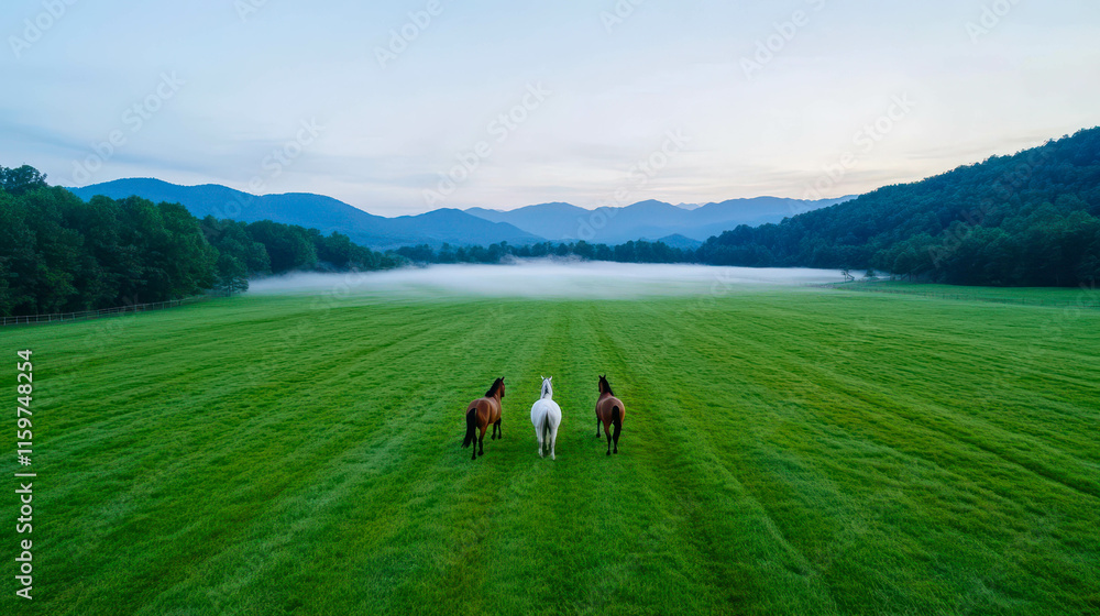 Three horses walking together in a lush green field at dawn with mountains and mist in the background Three horses walking together in a lush green field at dawn with mountains and mist in the background