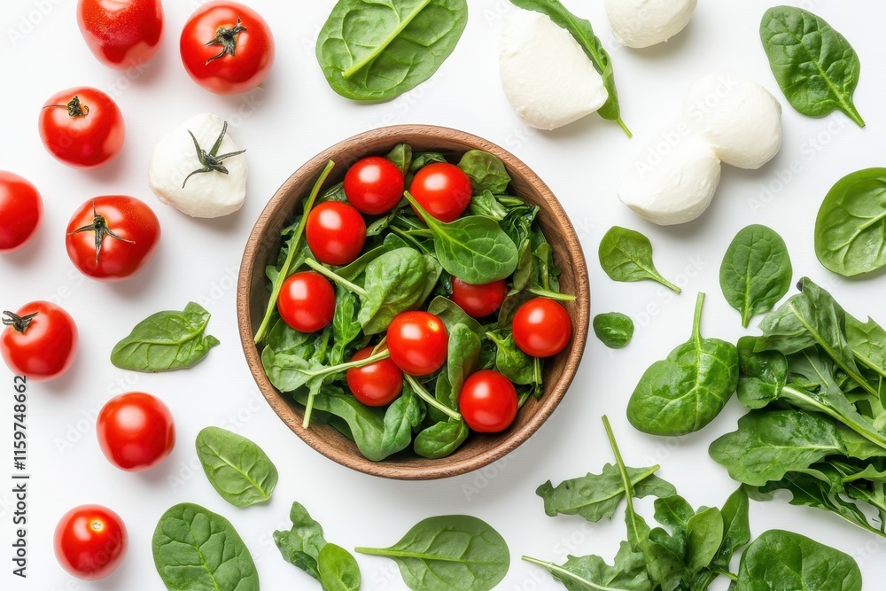 Top down view of a bowl with a salad of arugula spinach chard cherry tomatoes and mozzarella on a white background Top down view of a bowl with a salad of arugula spinach chard cherry tomatoes and mozzarella on a white background