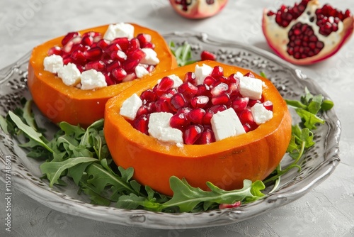 Top down view of a gray backdrop featuring pumpkin salad with arugula feta and pomegranate seeds Thanksgiving fare photo