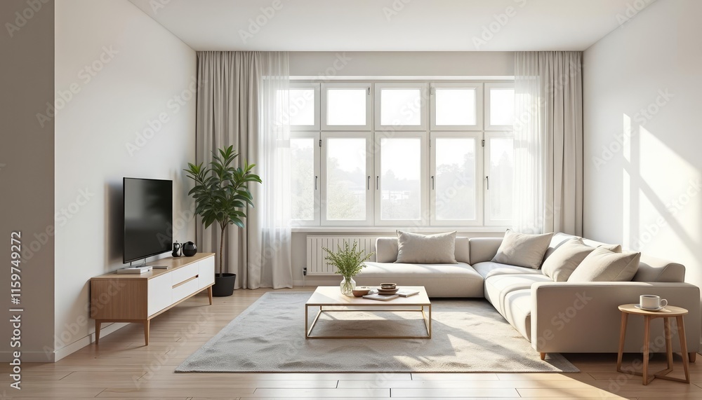 A modern living room features a large window with white curtains, a white sofa, a wooden coffee table, a flat-screen TV, and a potted plant, with a wooden side table and a wooden stool. A modern living room features a large window with white curtains, a white sofa, a wooden coffee table, a flat-screen TV, and a potted plant, with a wooden side table and a wooden stool.