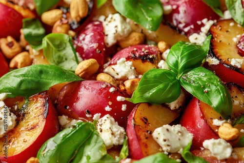 Top view of a salad featuring grilled stone fruits feta basil and peanuts Space available for text photo