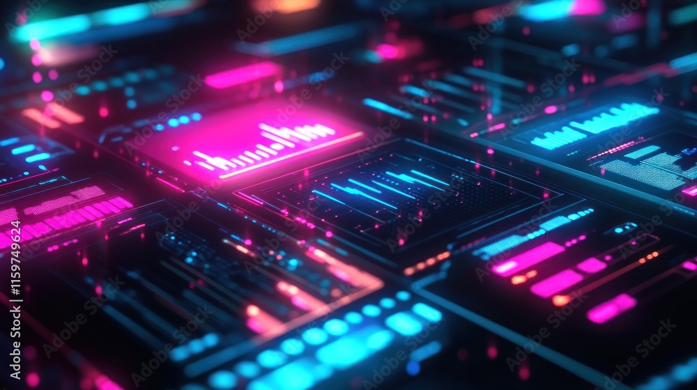 Fototapeta premium Futuristic dystopian analytics dashboard, neon-infused data points