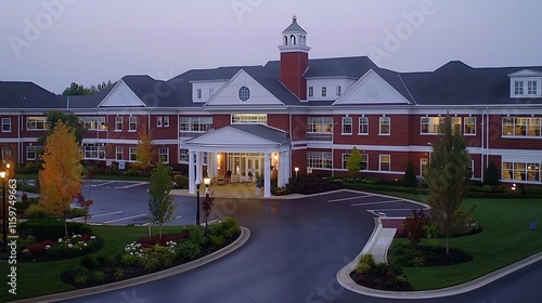Elegant brick assisted living facility at dawn.