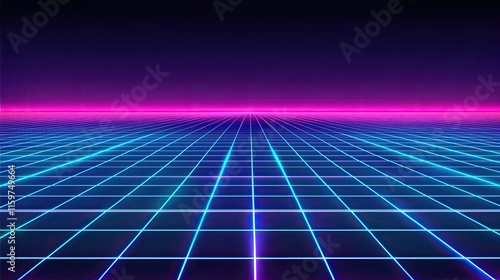 Retro futuristic grid landscape with neon pink and blue horizon.
