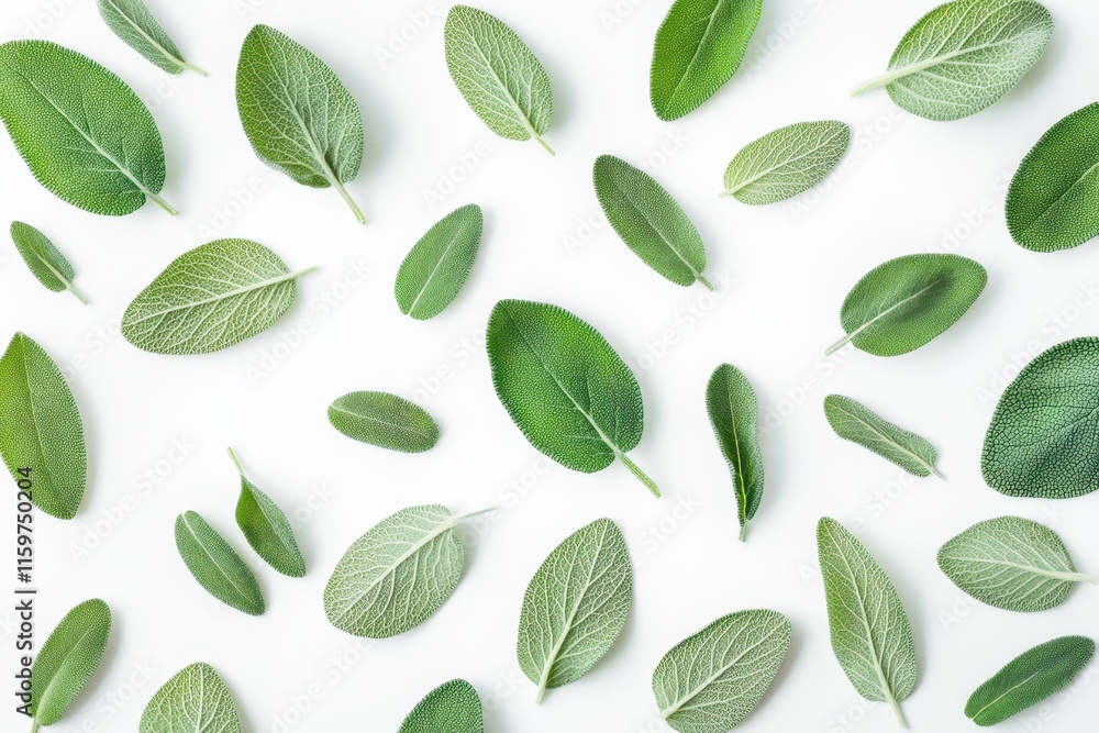 Naklejka premium Top view of fresh sage herb on a white background isolated with full depth of field