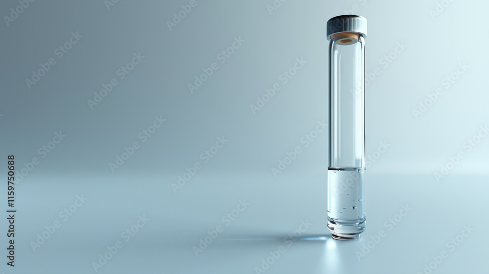 A clear glass bottle with a white cap sits on a white table A clear glass bottle with a white cap sits on a white table